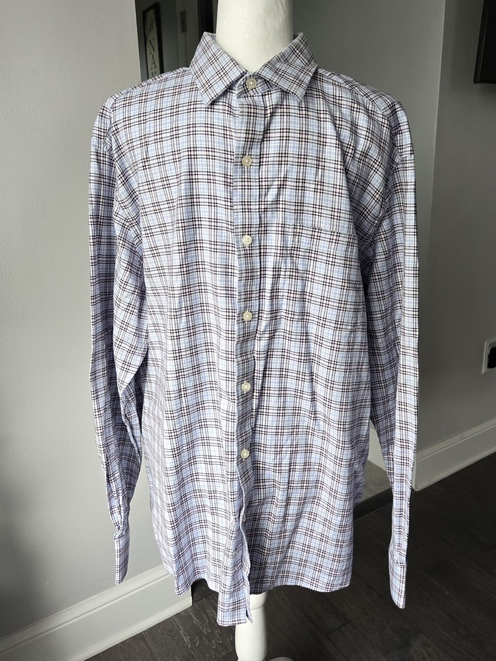 Johnston & Murphy XL Plaid Button Up Shirt Blue Brown Coastal Prep Indie Sleaze